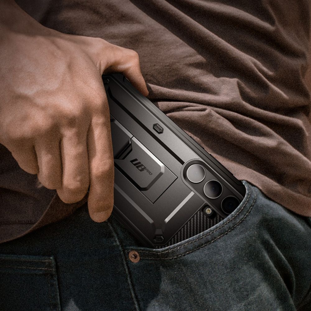 Etui pancerne z osłoną na ekran, z wbudowaną podstawką i kaburą z klipsem obrotowym Supcase Unicorn Beetle Pro do Galaxy S24 Plus, czarne